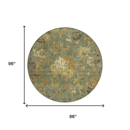 8' Olive Green And Green Round Floral Washable Indoor Outdoor Area Rug HomeRoots