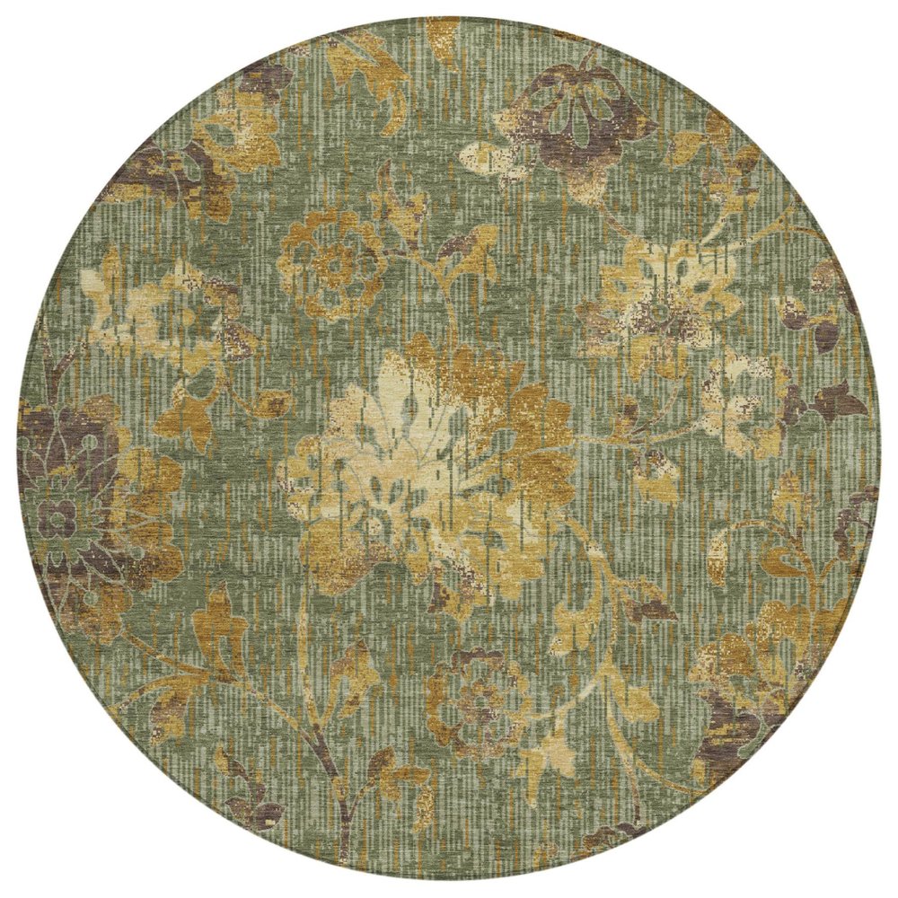 8' Olive Green And Green Round Floral Washable Indoor Outdoor Area Rug HomeRoots