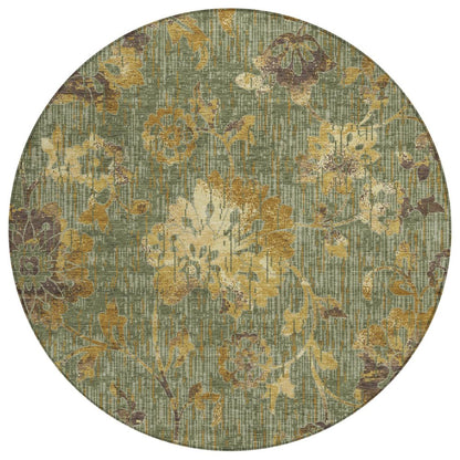 8' Olive Green And Green Round Floral Washable Indoor Outdoor Area Rug HomeRoots