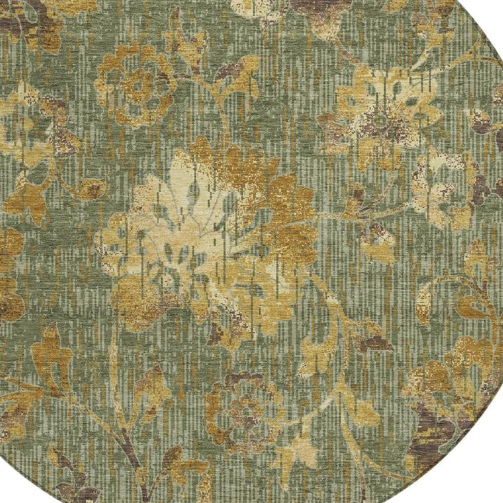 8' Olive Green And Green Round Floral Washable Indoor Outdoor Area Rug HomeRoots