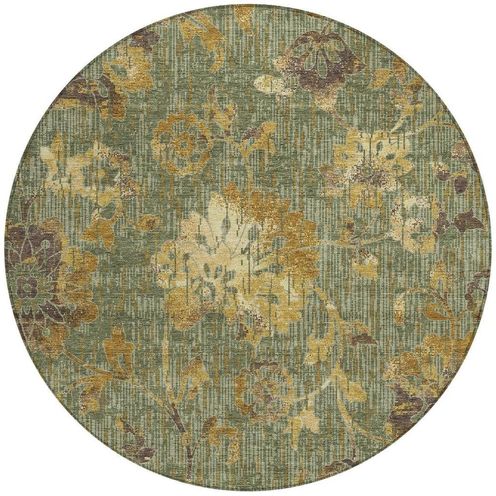 8' Olive Green And Green Round Floral Washable Indoor Outdoor Area Rug HomeRoots