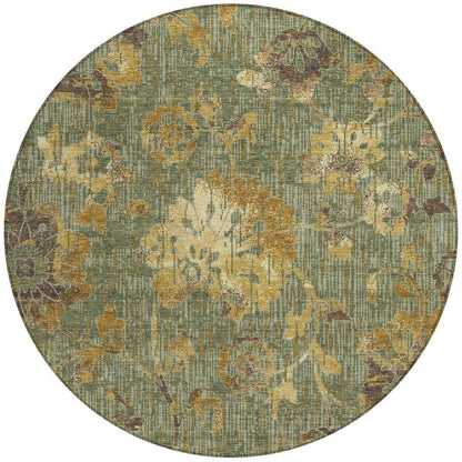 8' Olive Green And Green Round Floral Washable Indoor Outdoor Area Rug HomeRoots