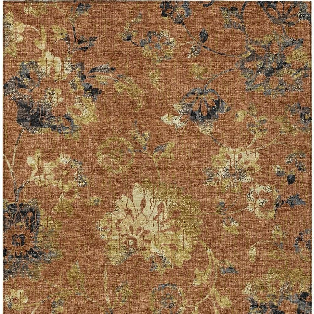 3' X 5' Orange And Rust Floral Washable Indoor Outdoor Area Rug HomeRoots