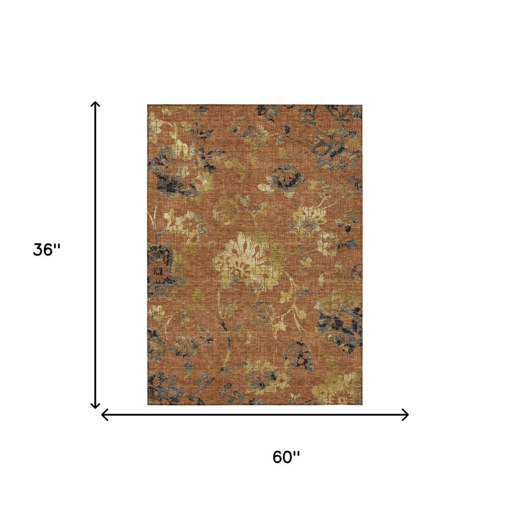 3' X 5' Orange And Rust Floral Washable Indoor Outdoor Area Rug HomeRoots