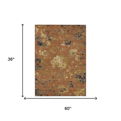 3' X 5' Orange And Rust Floral Washable Indoor Outdoor Area Rug HomeRoots