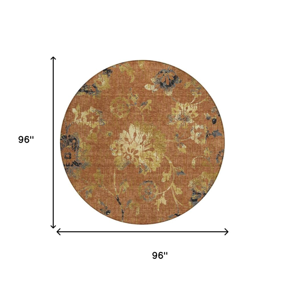 8' Orange And Rust Round Floral Washable Indoor Outdoor Area Rug HomeRoots
