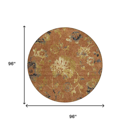 8' Orange And Rust Round Floral Washable Indoor Outdoor Area Rug HomeRoots