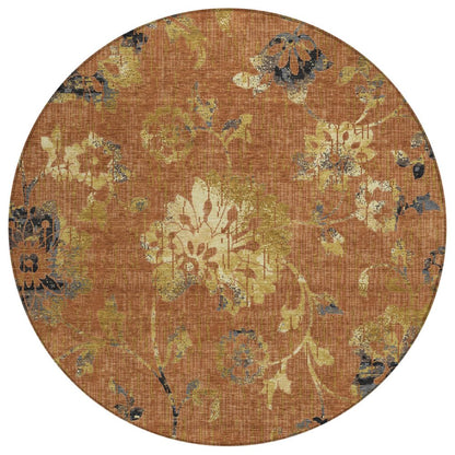 8' Orange And Rust Round Floral Washable Indoor Outdoor Area Rug HomeRoots