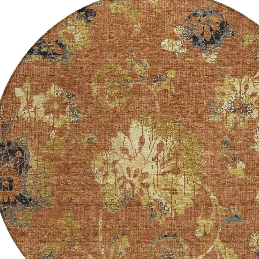 8' Orange And Rust Round Floral Washable Indoor Outdoor Area Rug HomeRoots