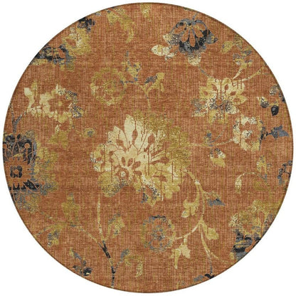 8' Orange And Rust Round Floral Washable Indoor Outdoor Area Rug HomeRoots