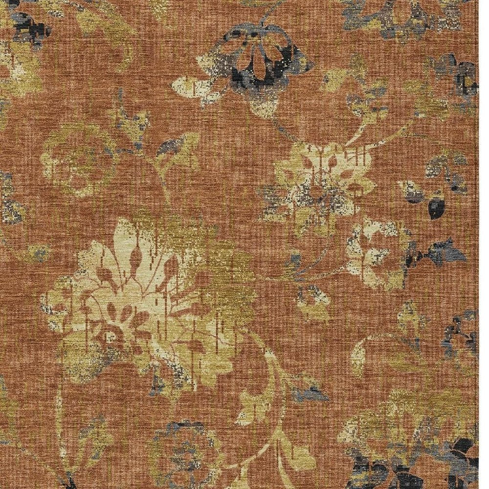 10' X 14' Orange And Rust Floral Washable Indoor Outdoor Area Rug HomeRoots