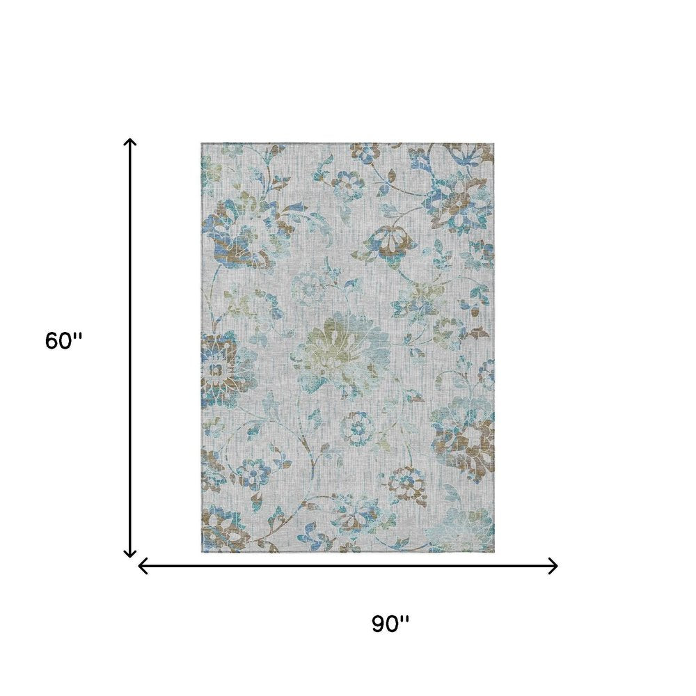 5' X 8' Silver And Gray Floral Washable Indoor Outdoor Area Rug HomeRoots