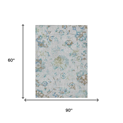 5' X 8' Silver And Gray Floral Washable Indoor Outdoor Area Rug HomeRoots