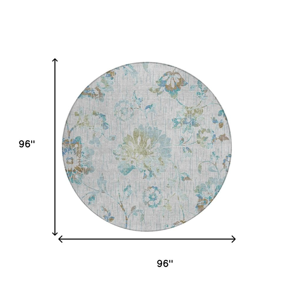 8' Silver And Gray Round Floral Washable Indoor Outdoor Area Rug HomeRoots