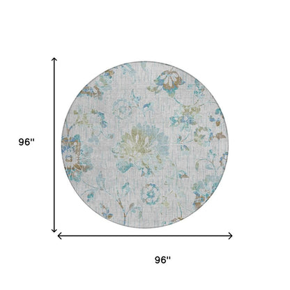 8' Silver And Gray Round Floral Washable Indoor Outdoor Area Rug HomeRoots