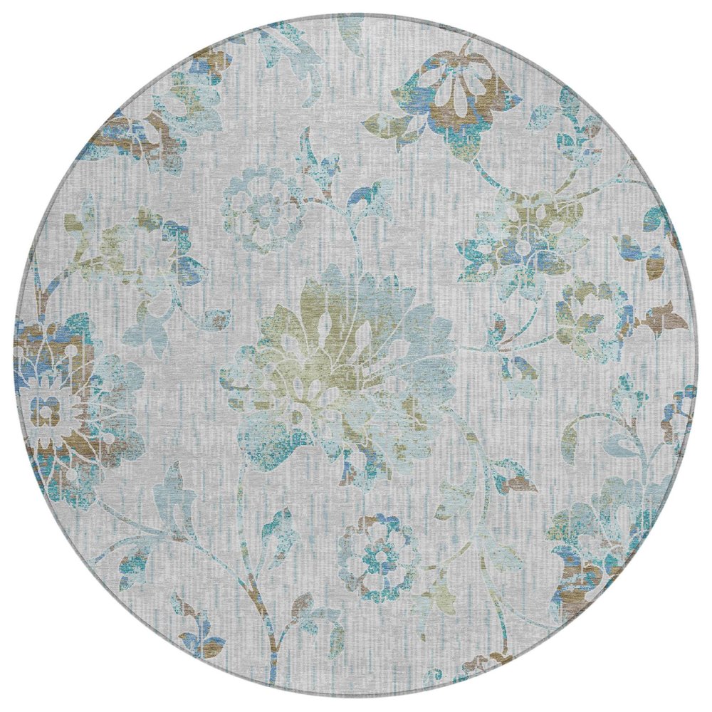 8' Silver And Gray Round Floral Washable Indoor Outdoor Area Rug HomeRoots