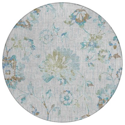 8' Silver And Gray Round Floral Washable Indoor Outdoor Area Rug HomeRoots