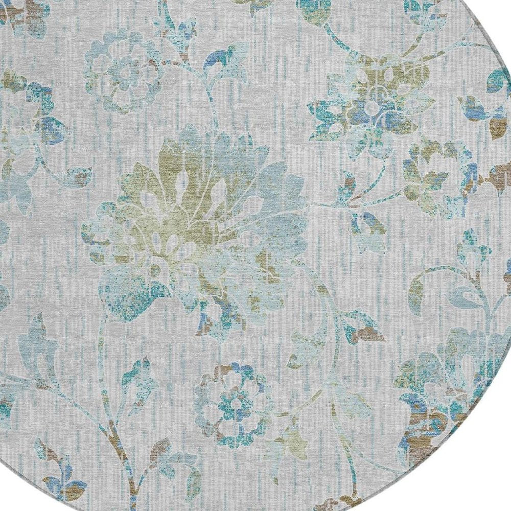 8' Silver And Gray Round Floral Washable Indoor Outdoor Area Rug HomeRoots