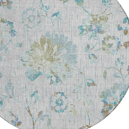 8' Silver And Gray Round Floral Washable Indoor Outdoor Area Rug HomeRoots