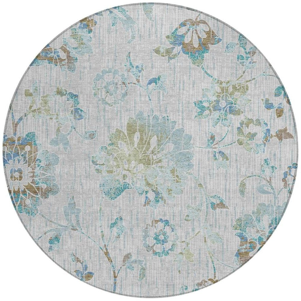 8' Silver And Gray Round Floral Washable Indoor Outdoor Area Rug HomeRoots