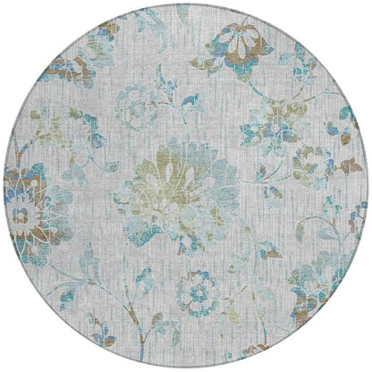 8' Silver And Gray Round Floral Washable Indoor Outdoor Area Rug HomeRoots