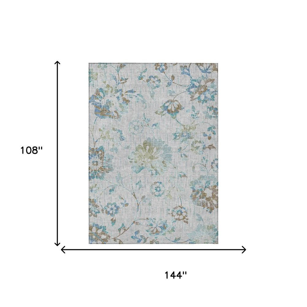 9' X 12' Silver And Gray Floral Washable Indoor Outdoor Area Rug HomeRoots