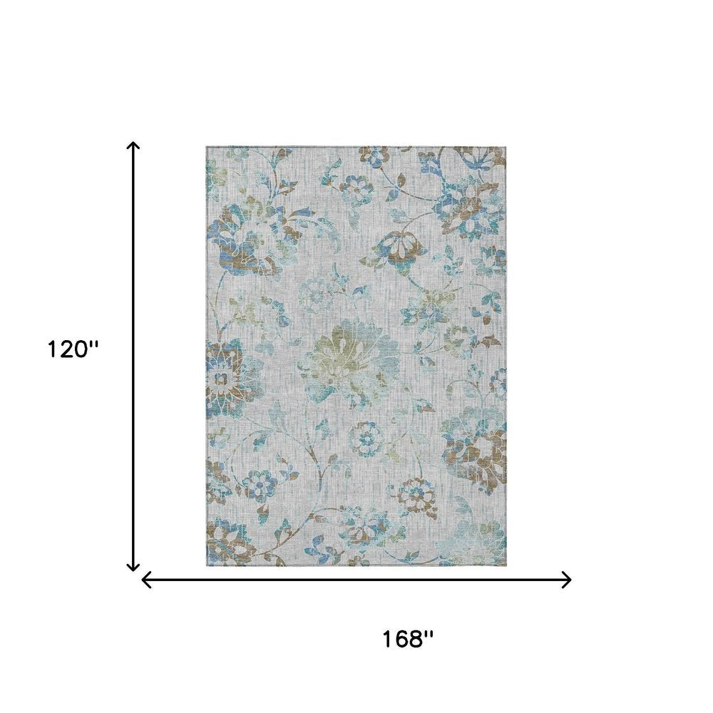 10' X 14' Silver And Gray Floral Washable Indoor Outdoor Area Rug HomeRoots