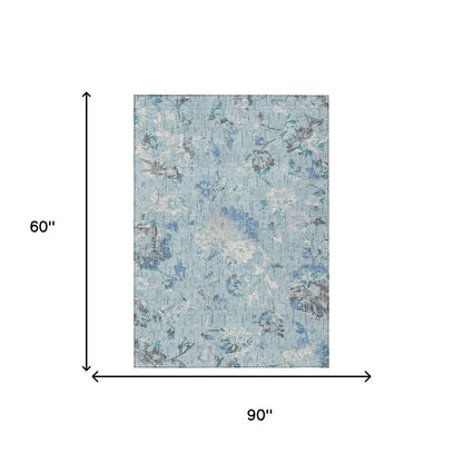 5' X 8' Sky Blue And Blue Floral Washable Indoor Outdoor Area Rug HomeRoots