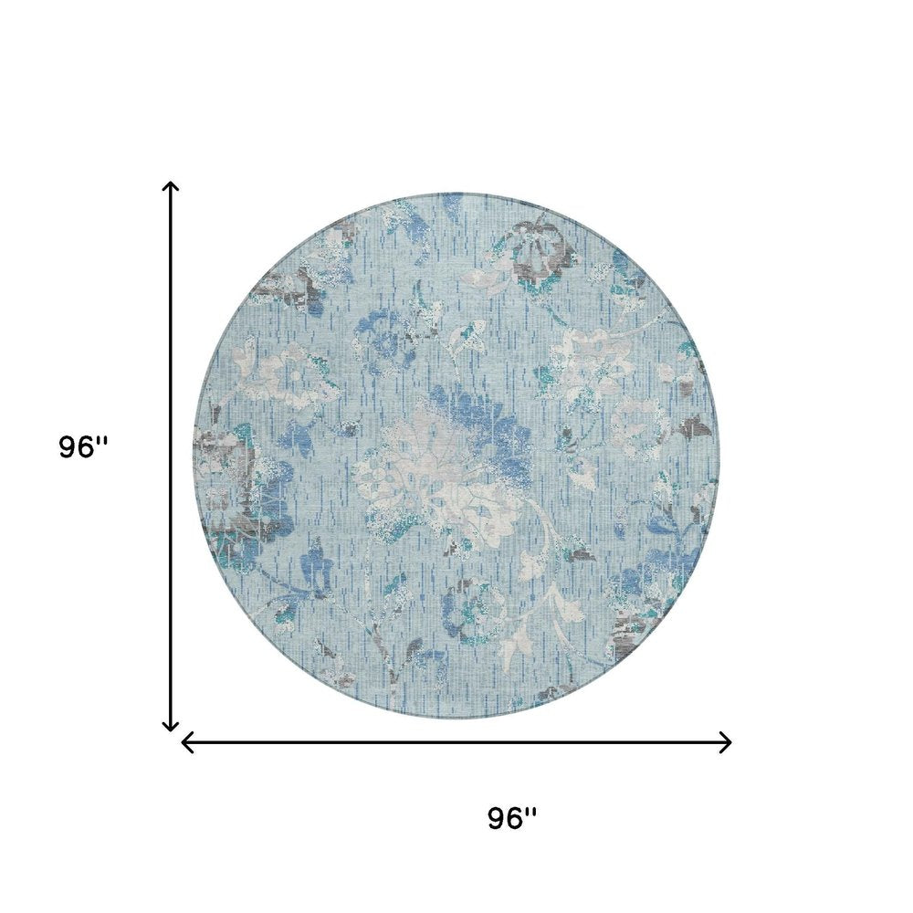 8' Sky Blue And Blue Round Floral Washable Indoor Outdoor Area Rug HomeRoots