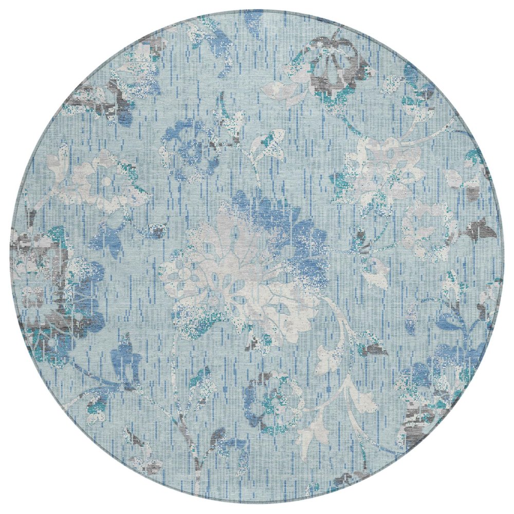 8' Sky Blue And Blue Round Floral Washable Indoor Outdoor Area Rug HomeRoots