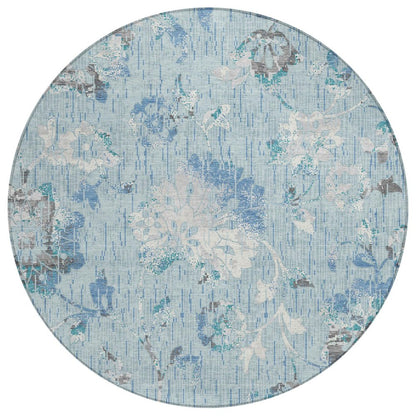 8' Sky Blue And Blue Round Floral Washable Indoor Outdoor Area Rug HomeRoots