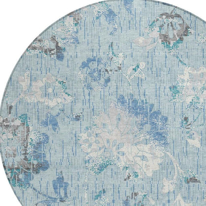 8' Sky Blue And Blue Round Floral Washable Indoor Outdoor Area Rug HomeRoots