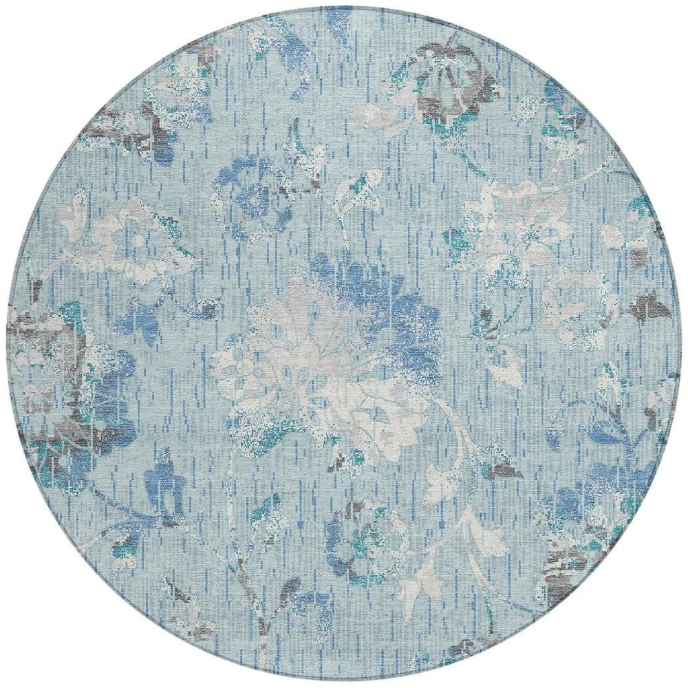 8' Sky Blue And Blue Round Floral Washable Indoor Outdoor Area Rug HomeRoots