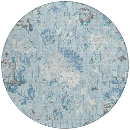 8' Sky Blue And Blue Round Floral Washable Indoor Outdoor Area Rug HomeRoots