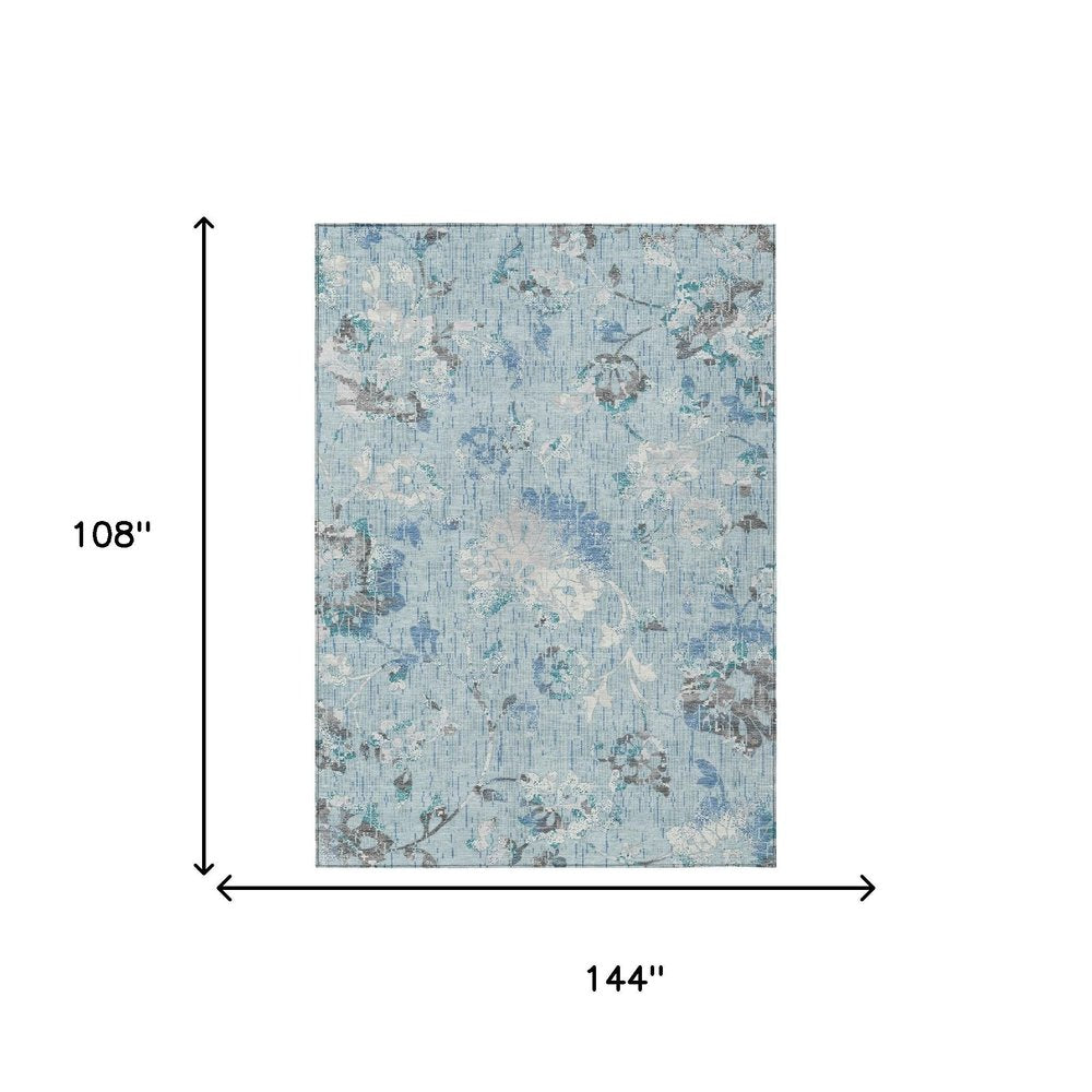 9' X 12' Sky Blue And Blue Floral Washable Indoor Outdoor Area Rug HomeRoots