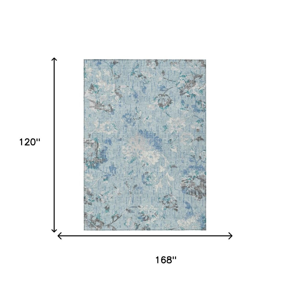 10' X 14' Sky Blue And Blue Floral Washable Indoor Outdoor Area Rug HomeRoots