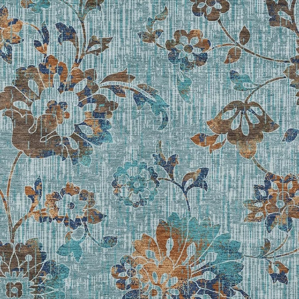 5' X 8' Teal Blue And Gray Floral Washable Indoor Outdoor Area Rug