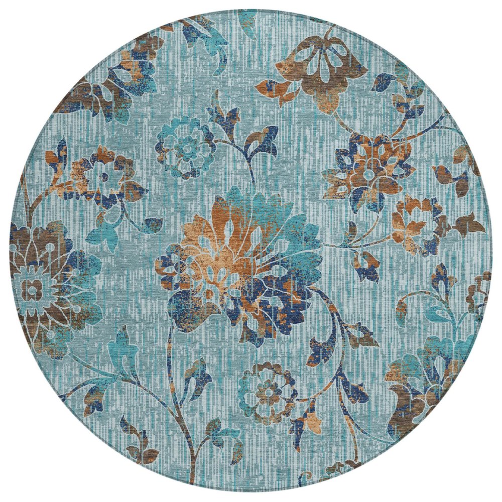 8' Teal Blue And Gray Round Floral Washable Indoor Outdoor Area Rug HomeRoots