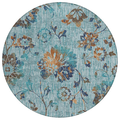 8' Teal Blue And Gray Round Floral Washable Indoor Outdoor Area Rug HomeRoots