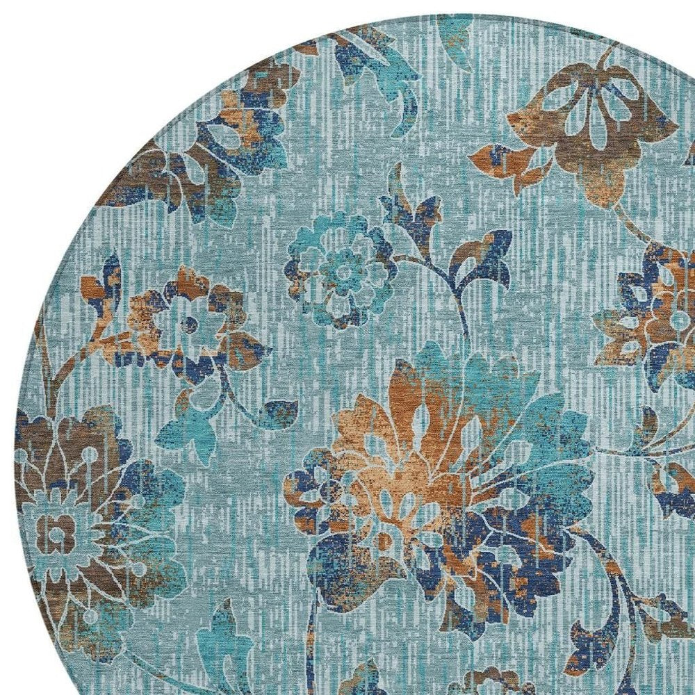8' Teal Blue And Gray Round Floral Washable Indoor Outdoor Area Rug HomeRoots