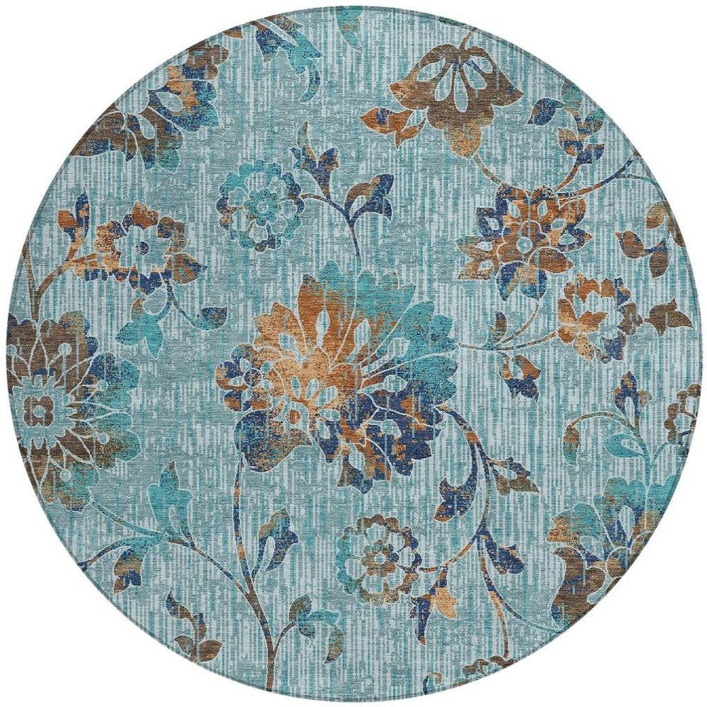 8' Teal Blue And Gray Round Floral Washable Indoor Outdoor Area Rug HomeRoots