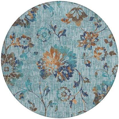 8' Teal Blue And Gray Round Floral Washable Indoor Outdoor Area Rug HomeRoots