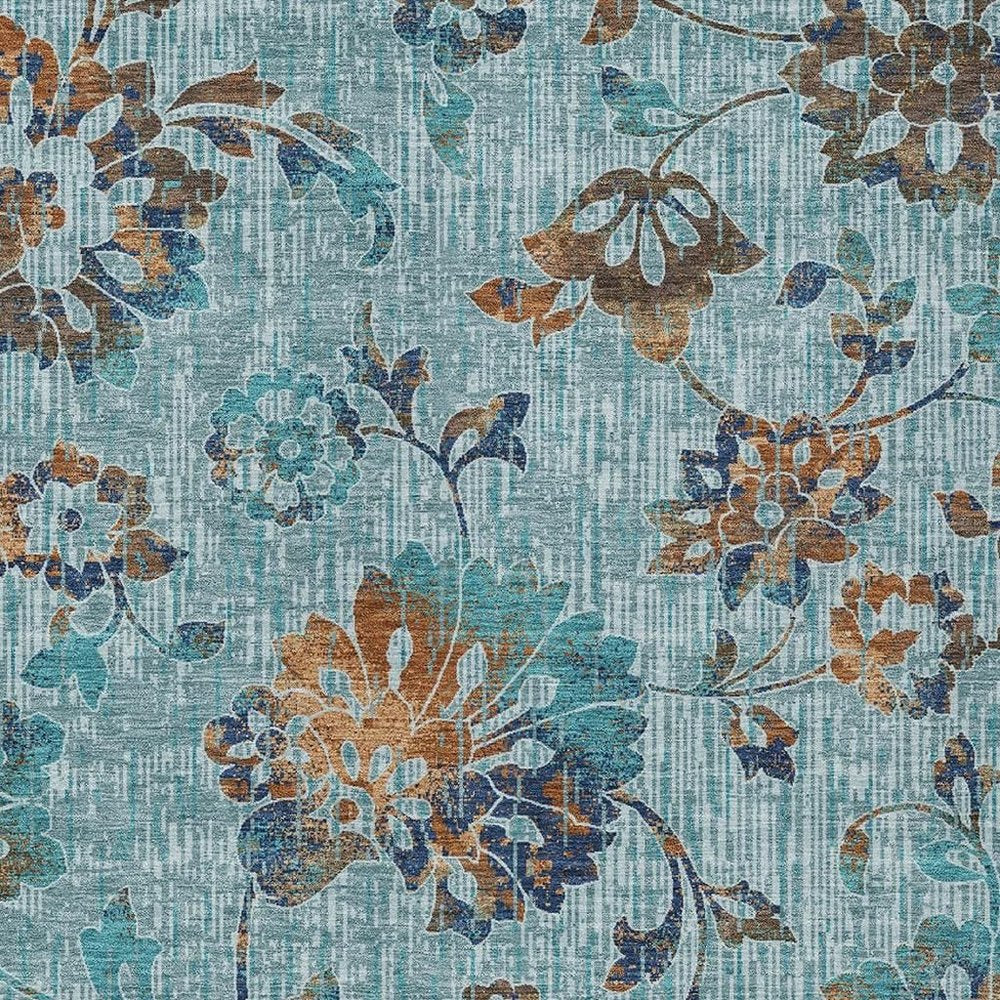 9' X 12' Teal Blue And Gray Floral Washable Indoor Outdoor Area Rug