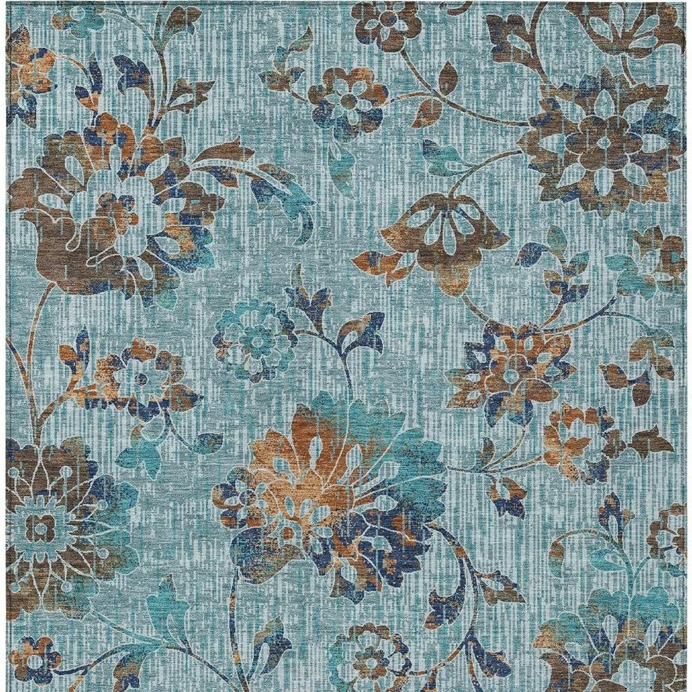 9' X 12' Teal Blue And Gray Floral Washable Indoor Outdoor Area Rug