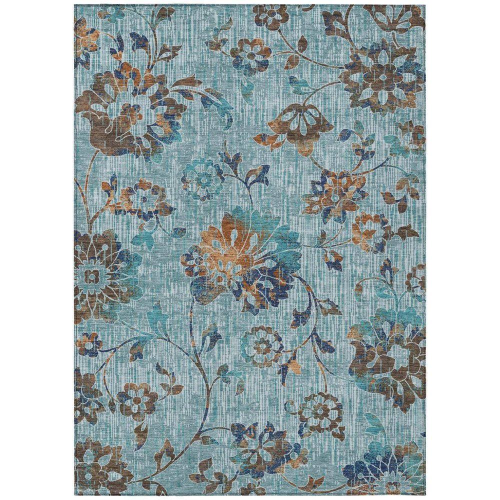 9' X 12' Teal Blue And Gray Floral Washable Indoor Outdoor Area Rug