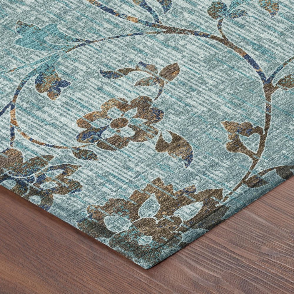 9' X 12' Teal Blue And Gray Floral Washable Indoor Outdoor Area Rug