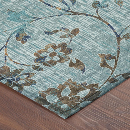 9' X 12' Teal Blue And Gray Floral Washable Indoor Outdoor Area Rug