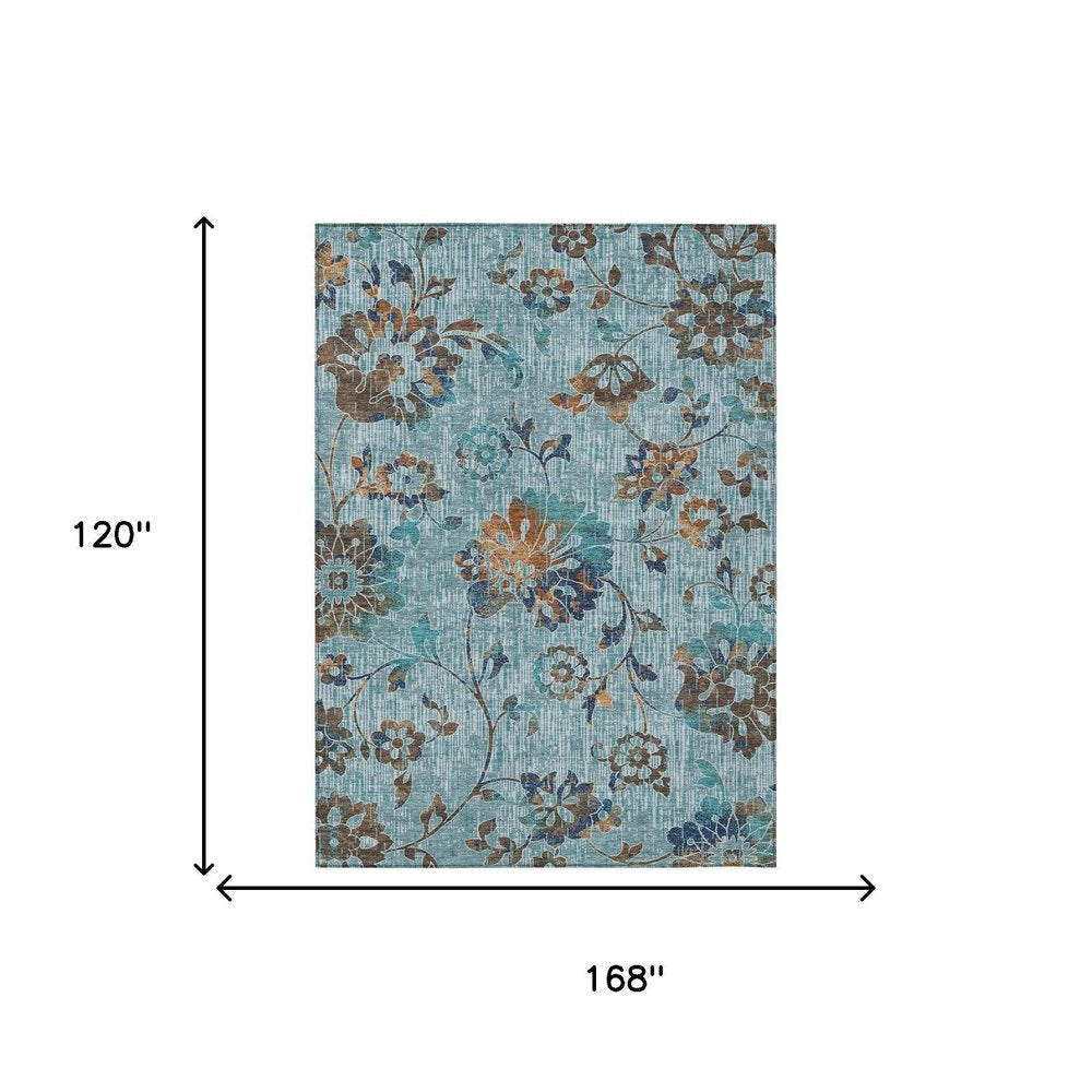 10' X 14' Teal Blue And Gray Floral Washable Indoor Outdoor Area Rug HomeRoots