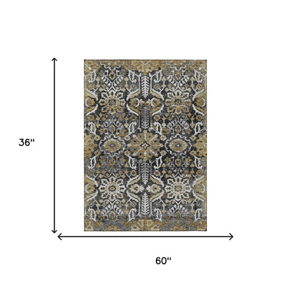 3' X 5' Black And Graphite Damask Washable Indoor Outdoor Area Rug