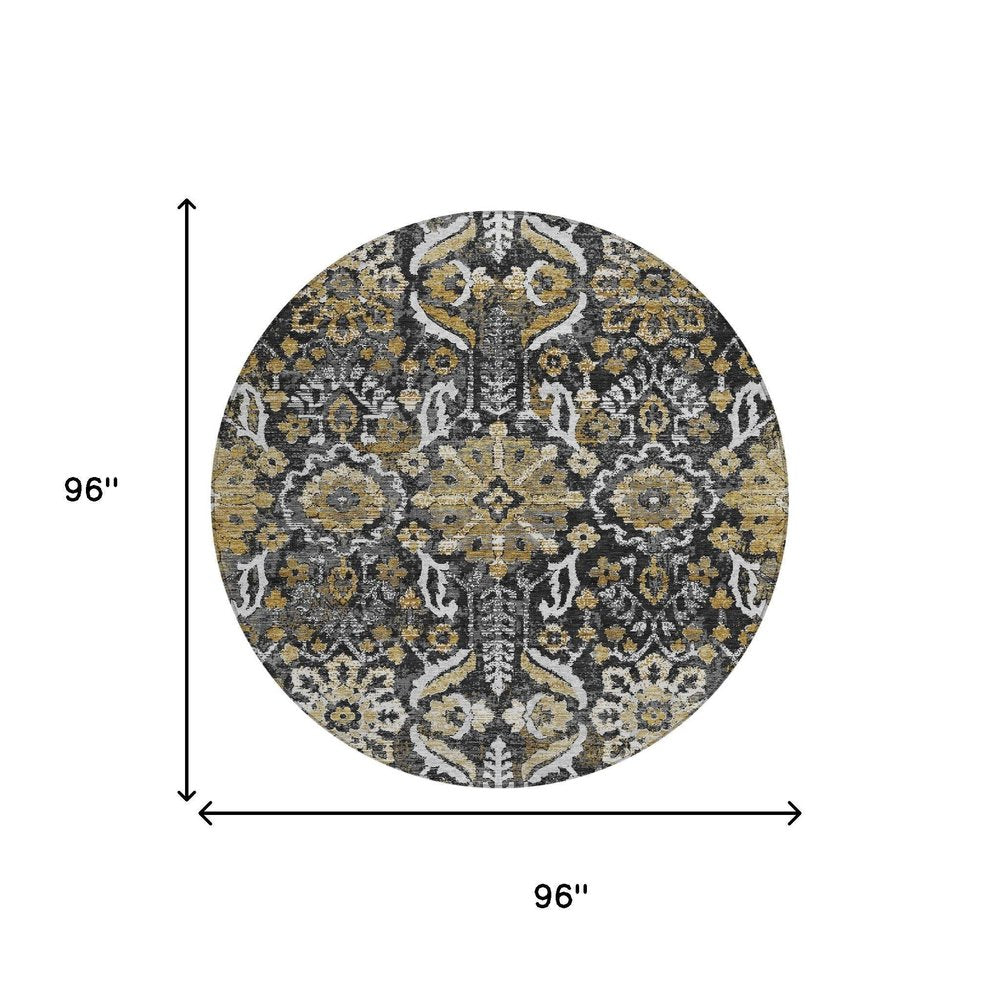8' Black And Graphite Round Damask Washable Indoor Outdoor Area Rug HomeRoots